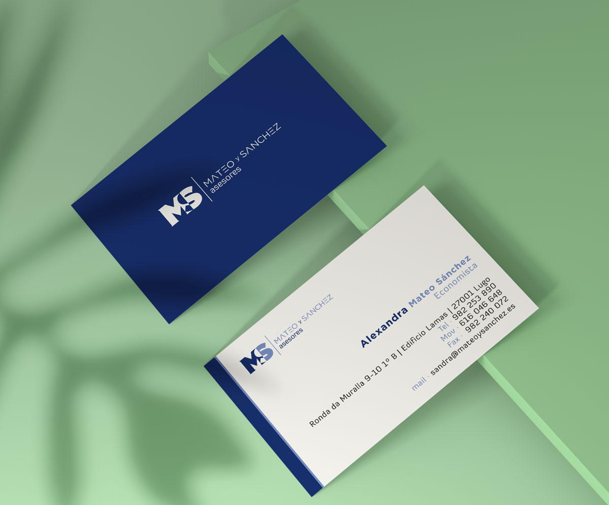 mockup tarjetas de visita de Mateo y Sánchez donde se indican sus datos de contacto